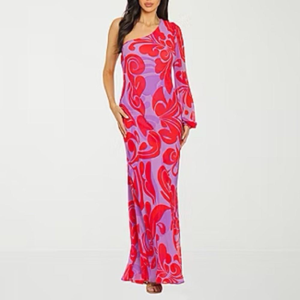 Premier Amour One Shoulder Sleeve Floral Maxi Dress. Purple